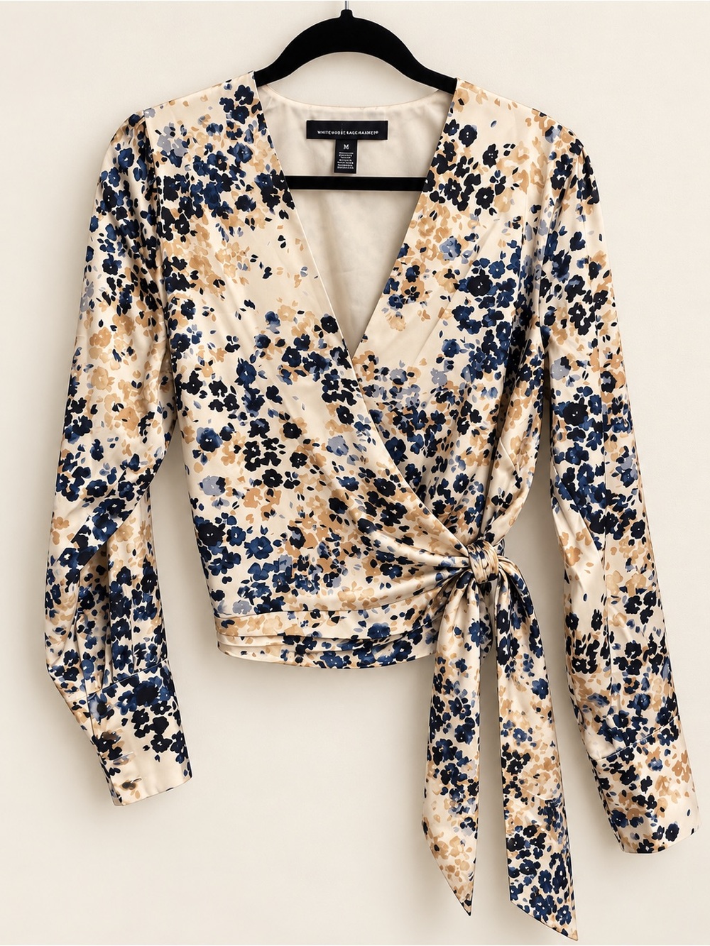 White House Black Market Floral Satin Wrap Tie Waist Blouse Medium